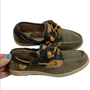 Sperry boat shoes gray with black accents, size 6.5 mother. Ariat look!